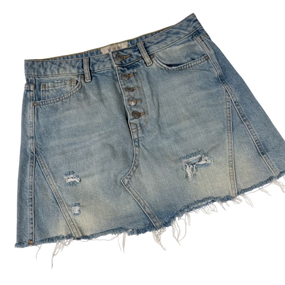 We The Free Denim Mini Skirt Women 27 Blue Distressed Raw Hem Button Fly MWC1A